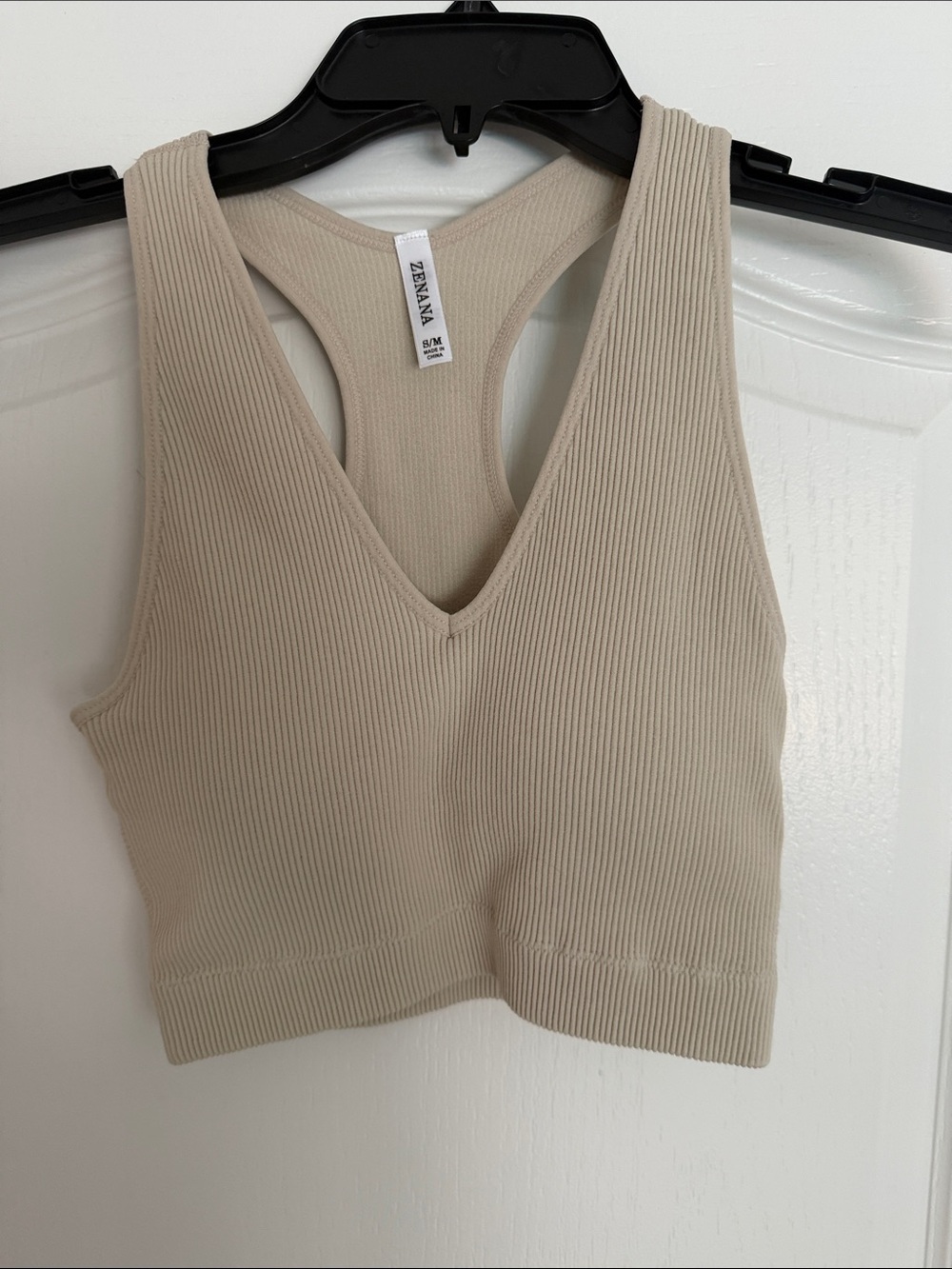 Zenana Outfitters Ribbed V-Neck Racerback Crop Top in Beige
